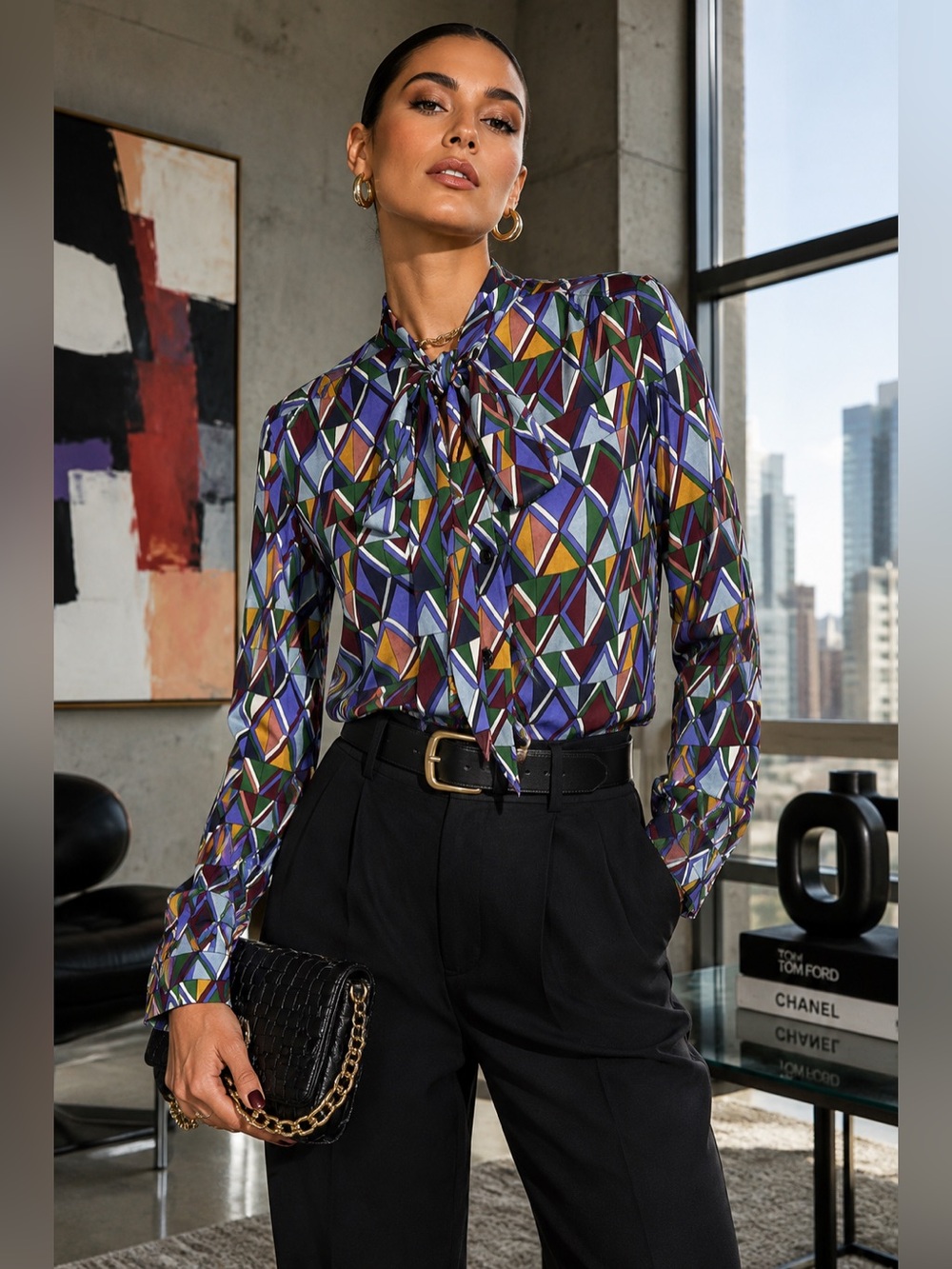 Missoni Designer Geometric Print Multi Tie-Neck Blouse Long Sleeve Size Medium